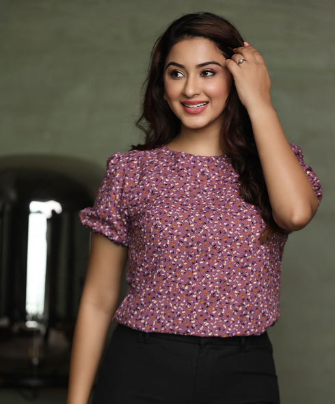 Ditsy Floral Puff Sleeve Purple Blouse